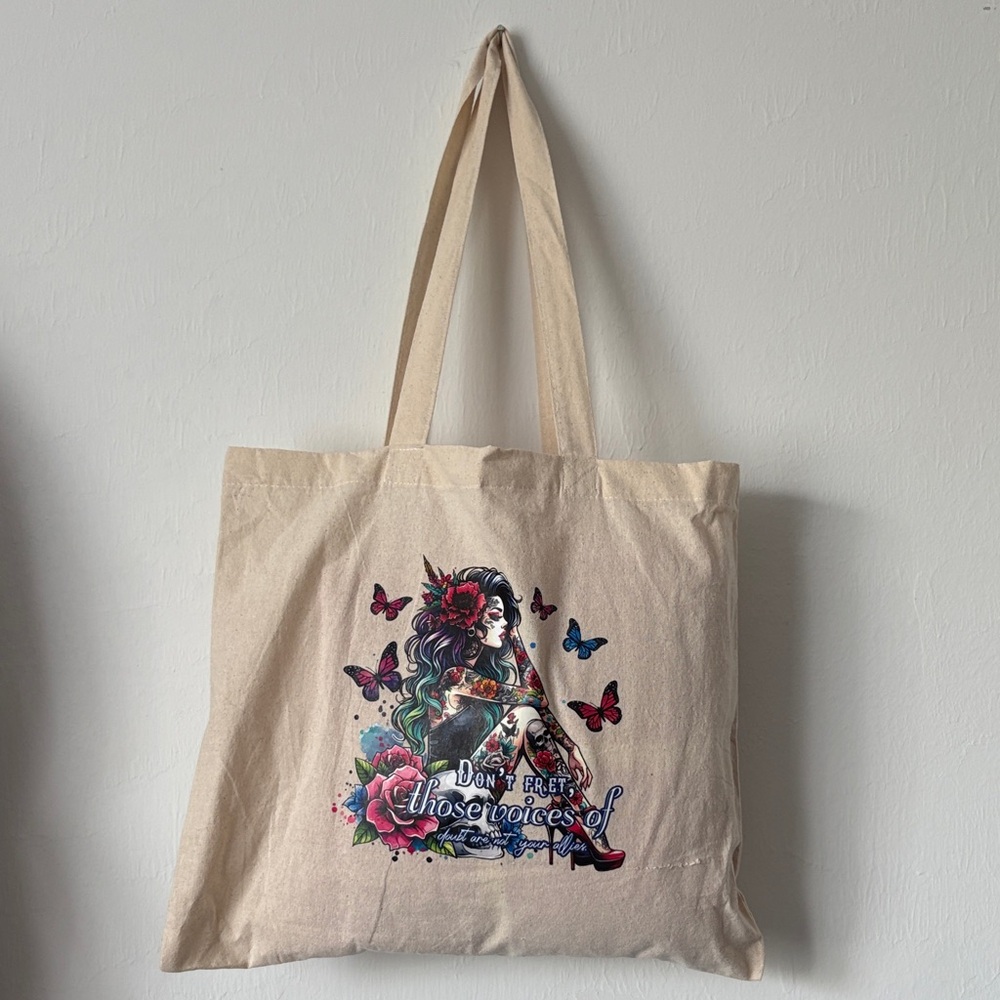 Canvas Tote Bag with Colorful Woman Design, Floral & Butterfly Print